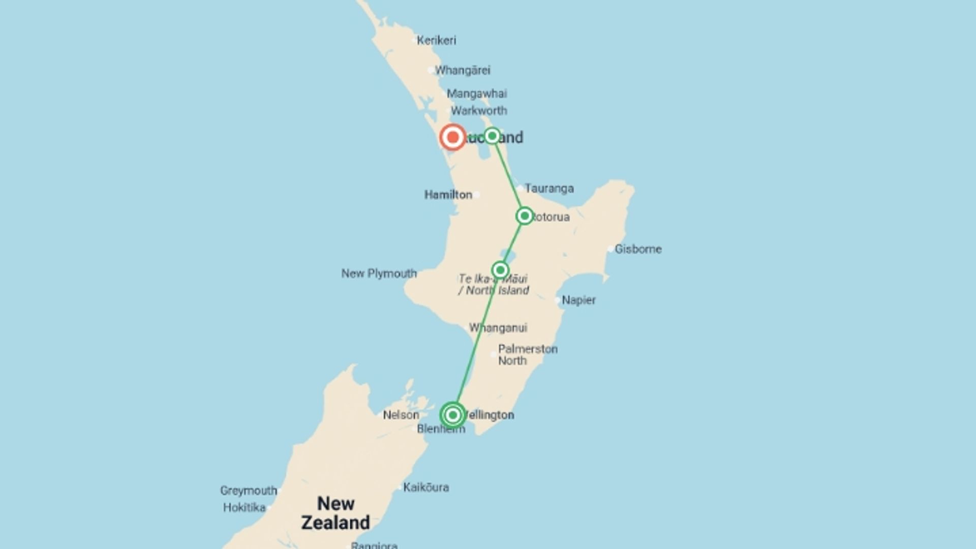 A map showing the tour itinerary for the trip: New Zealand Northern Trail (Northbound), starting in Wellington, New Zealand and ending in Auckland, New Zealand going through 3 other destinations.