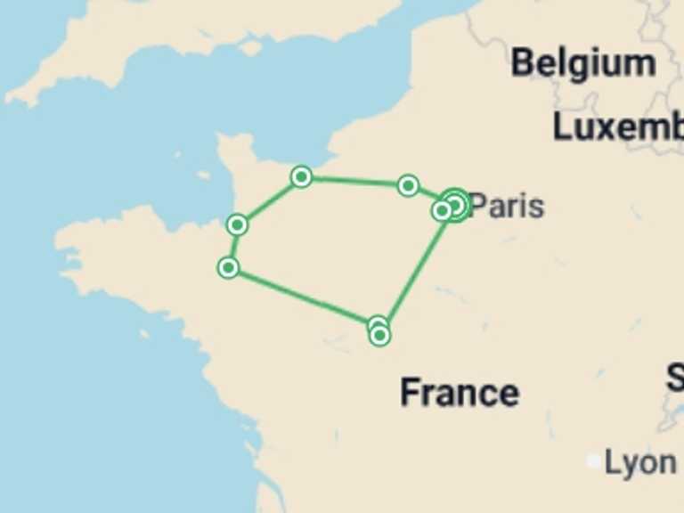 Map itinerary of Europe Tour in Spring with 6 destination visits for the trip: Highlights of Paris Normandy and the Loire Valley
