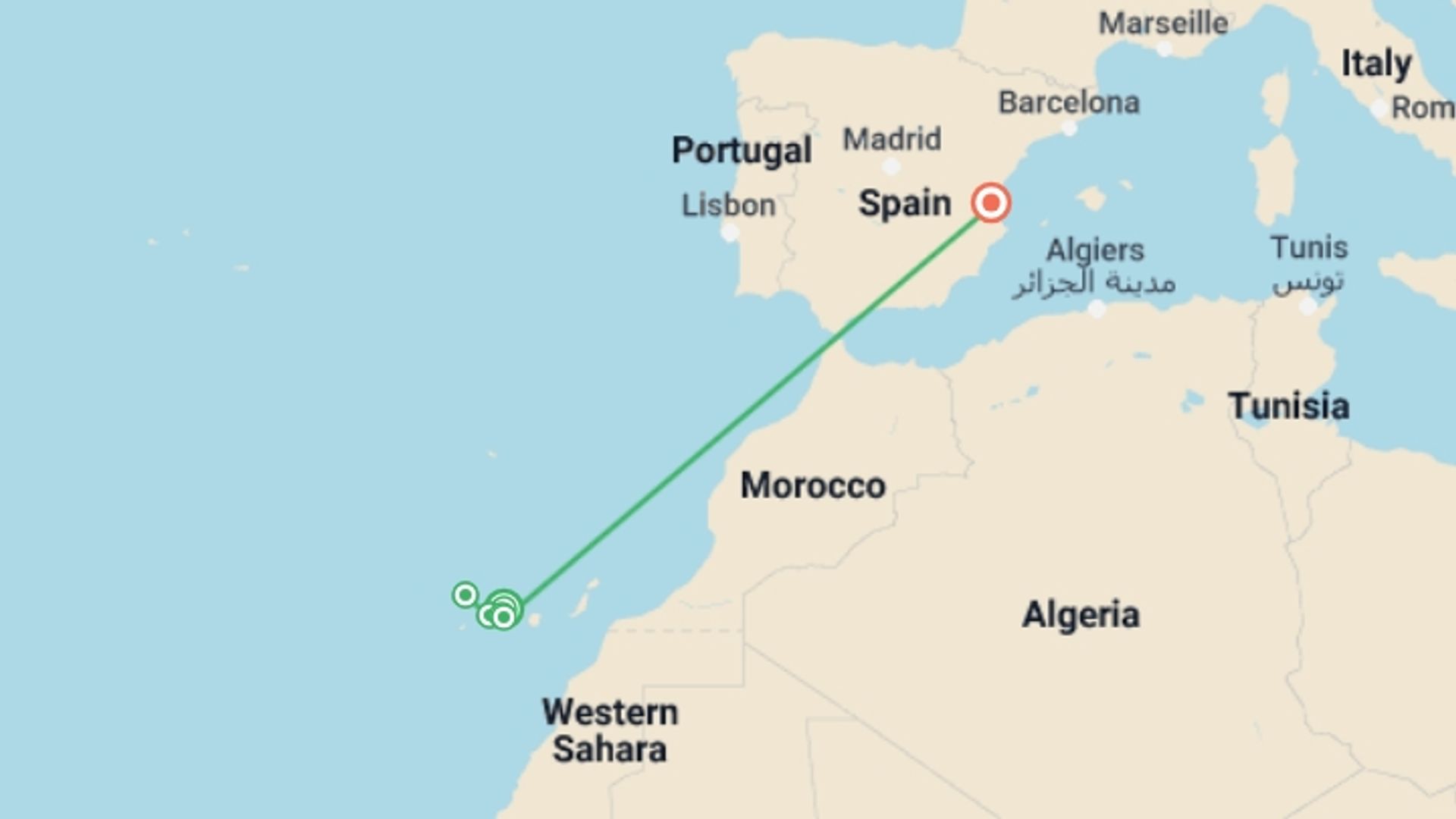 A map showing the tour itinerary for the trip: Sailing the Canary Islands, starting in Tenerife, Spain and ending in Valencia, Spain going through 5 other destinations.