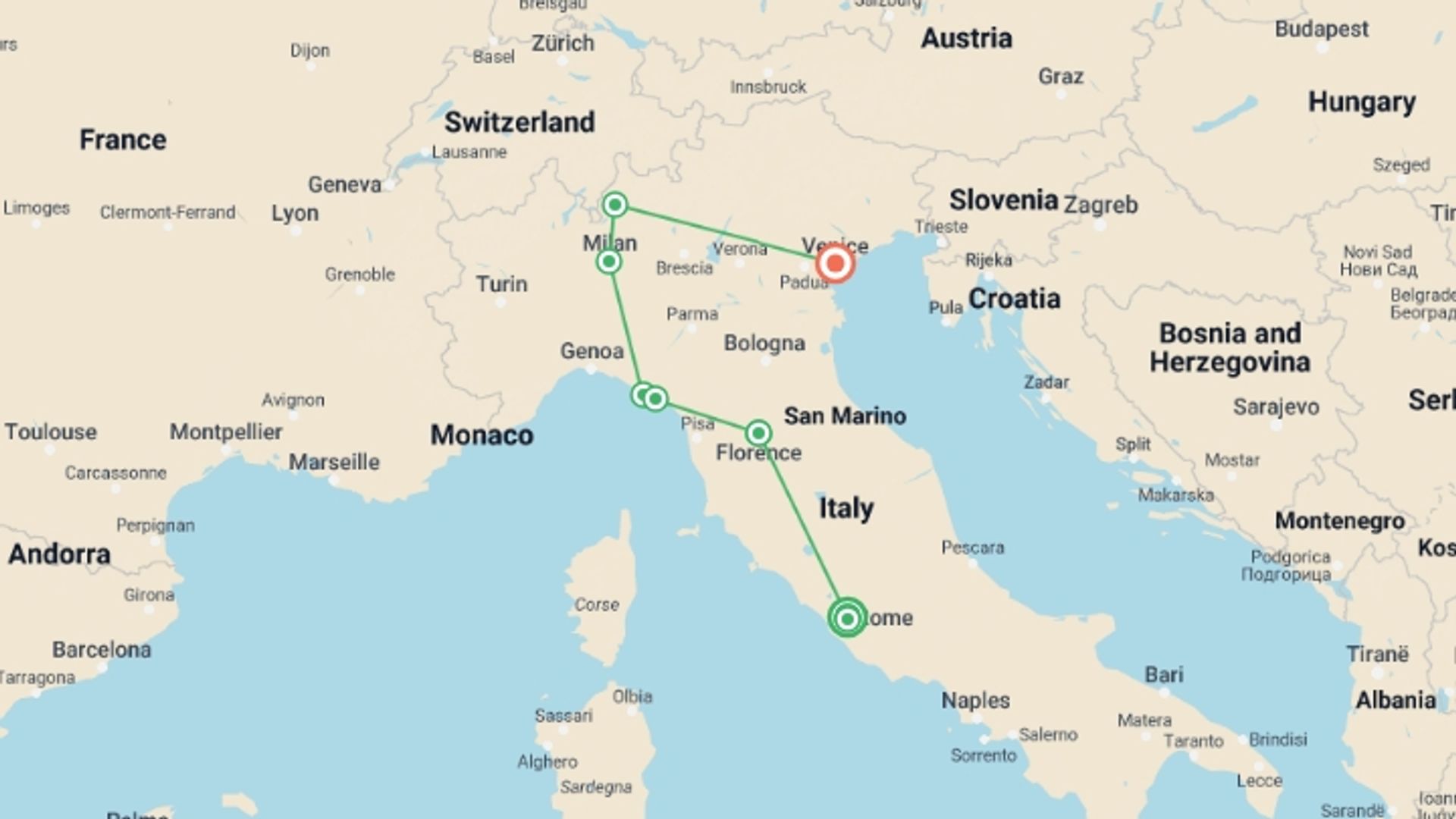 A map showing the tour itinerary for the trip: Irresistible Italy: Rome to Venice, starting in Rome, Italy and ending in Venice, Italy going through 6 other destinations.