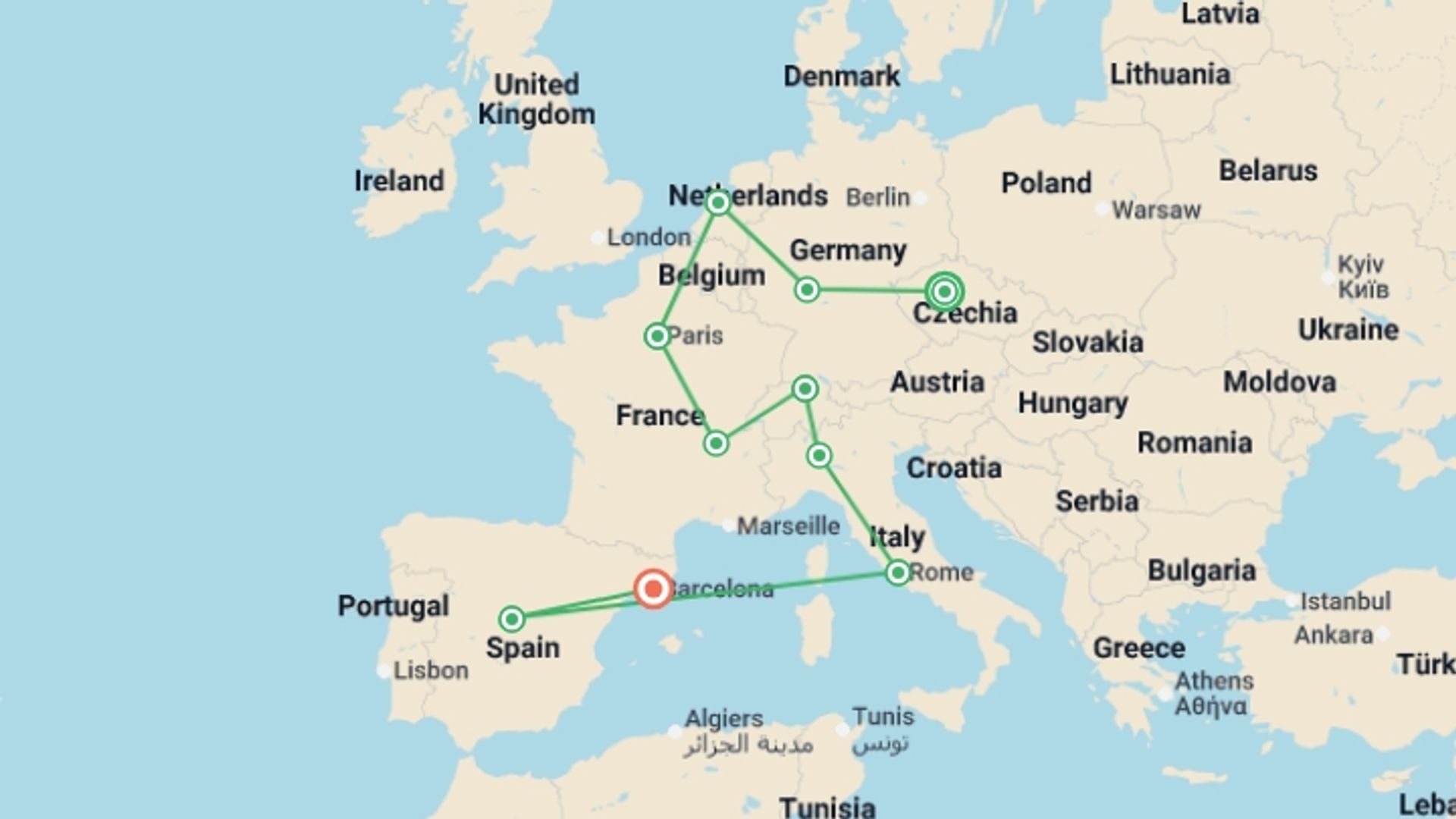 A map showing the tour itinerary for the trip: European Bliss GO, starting in Prague, Czech Republic and ending in Barcelona, Spain going through 8 other destinations.