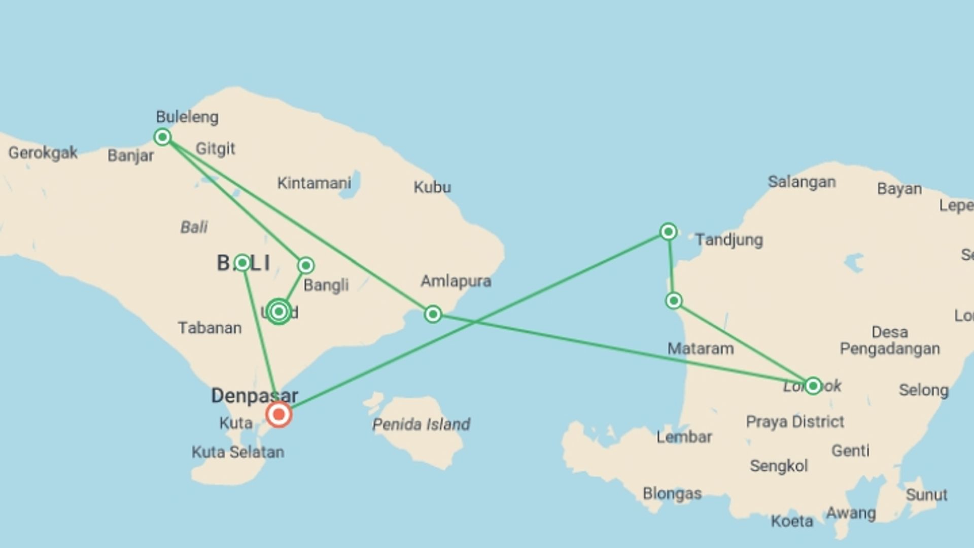 A map showing the tour itinerary for the trip: Impressive Bali & Lombok (5 & 4 Star Hotels), starting in Ubud, Indonesia and ending in Sanur, Indonesia going through 7 other destinations.