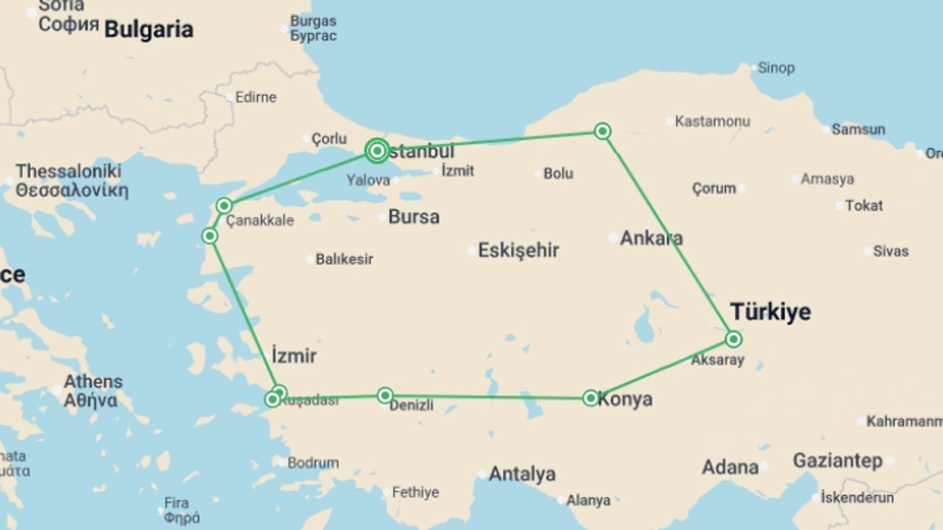 A map showing the tour itinerary for the trip: Türkiye Foodie Private Tour, starting in Istanbul, Turkey and ending in Istanbul, Turkey going through 8 other destinations.