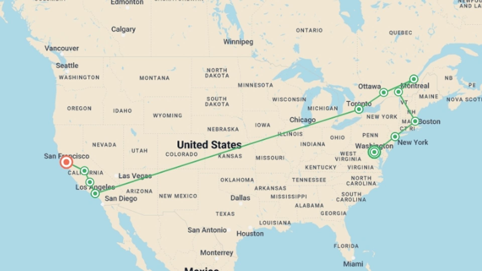 A map showing the tour itinerary for the trip: From Washington to San Francisco, starting in Washington D.C., USA and ending in San Francisco, USA going through 9 other destinations.