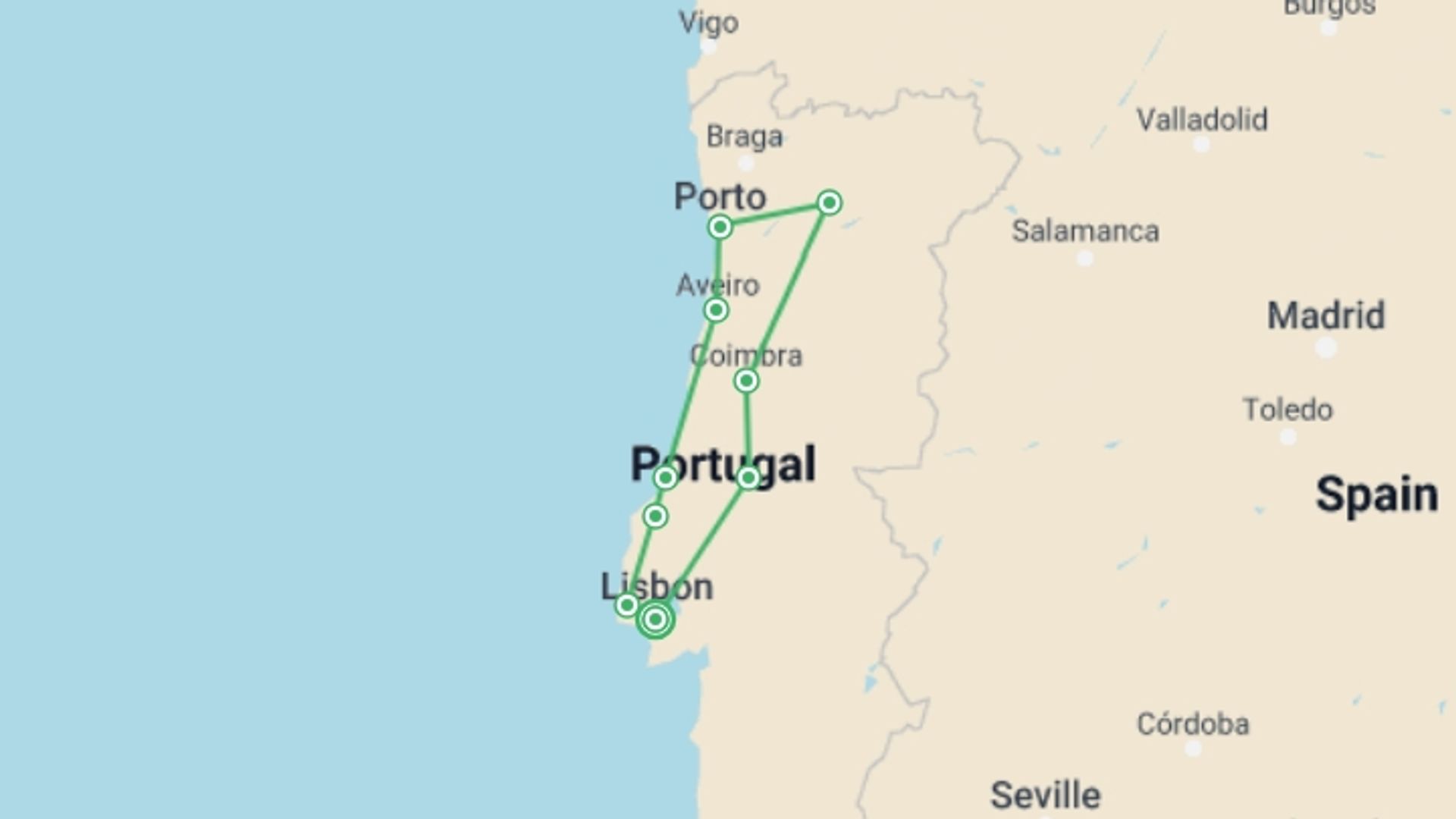 A map showing the tour itinerary for the trip: Best of Portugal in 7 Days, starting in Lisbon, Portugal and ending in Lisbon, Portugal going through 6 other destinations.