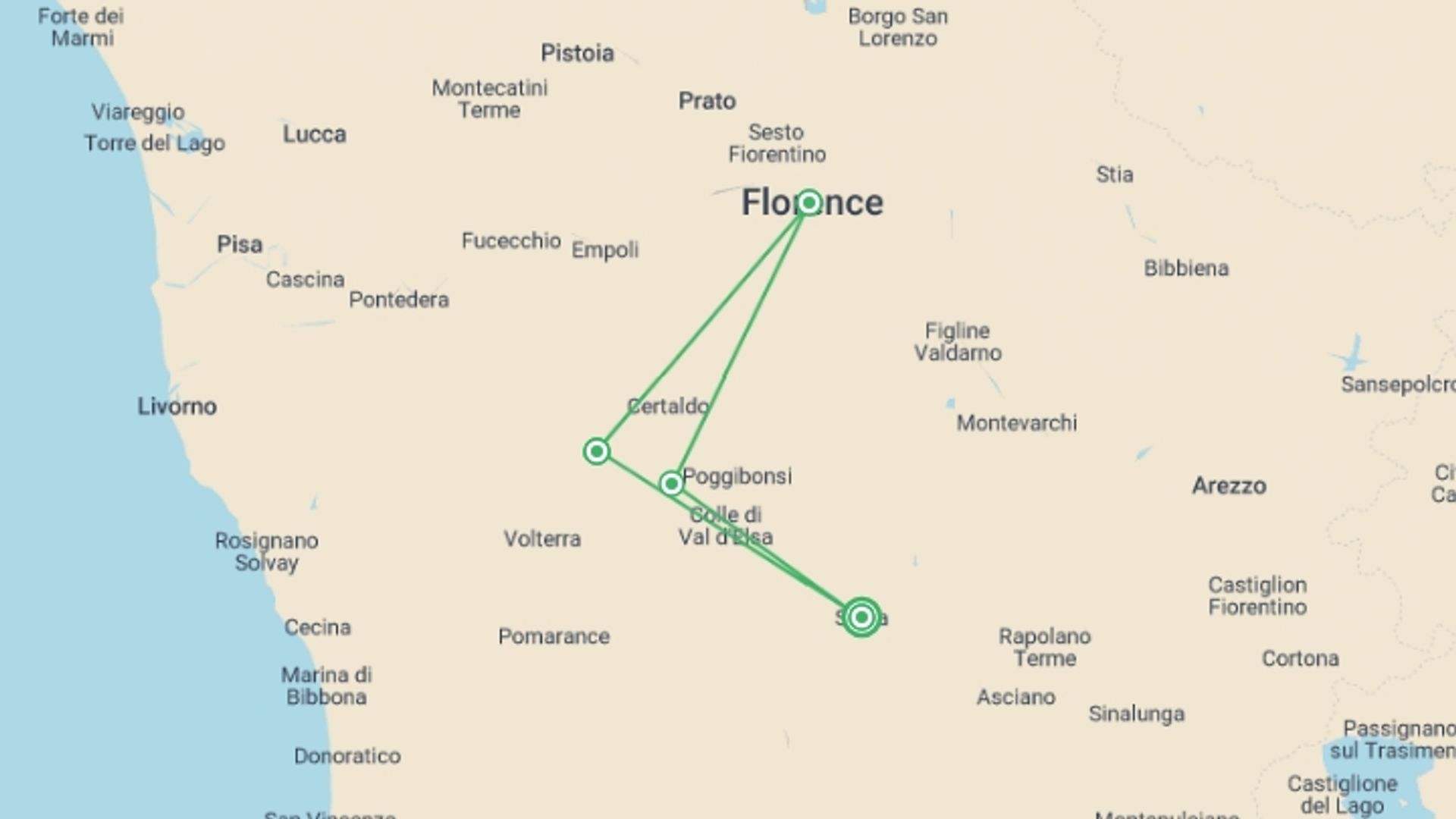 A map showing the tour itinerary for the trip: Discover Tuscany: Culture, Food & Wine, starting in Siena, Italy and ending in Siena, Italy going through 3 other destinations.