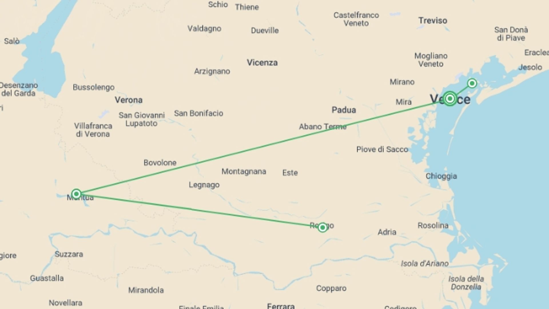 A map showing the tour itinerary for the trip: From Renaissance-infused Mantua to the Canals of Venice, starting in Venice, Italy and ending in Venice, Italy going through 3 other destinations.