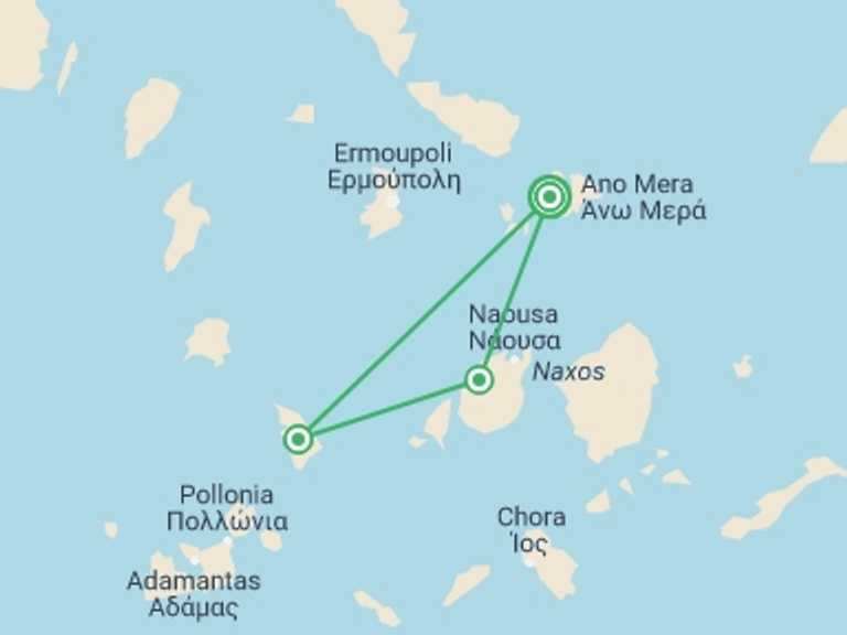 Map of 9-Day Mykonos Tour with 3 destination visits for the trip: Island Hopping, A Glimpse Of The Cyclades: Mykonos, Sifnos & Paros