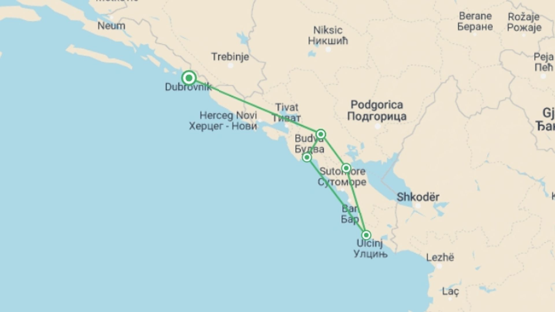 A map showing the tour itinerary for the trip: Coastal Montenegro, starting in Dubrovnik, Croatia and ending in Dubrovnik, Croatia going through 4 other destinations.