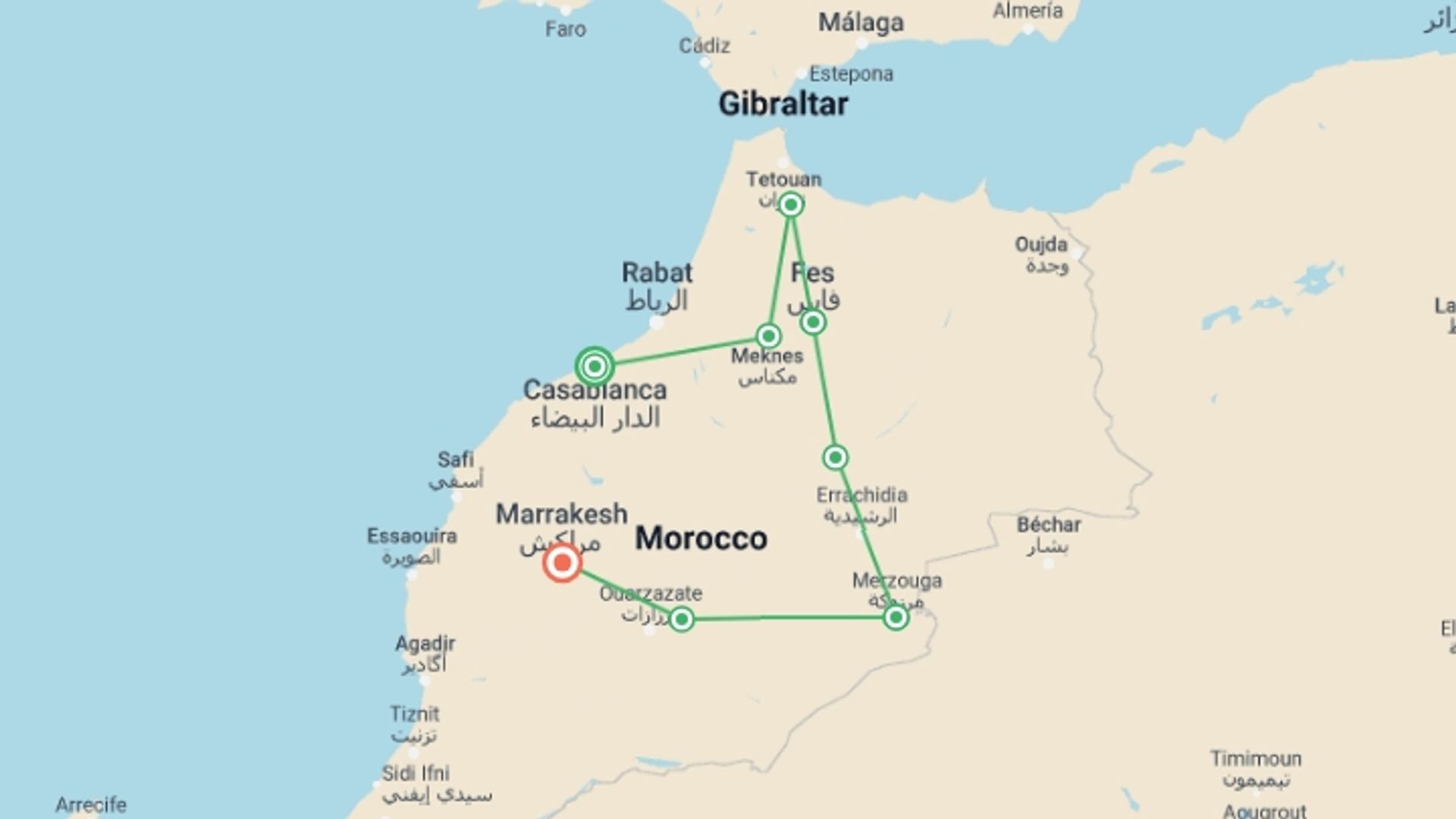 A map showing the tour itinerary for the trip: Morocco: Historic Cities & Sand Dunes of the Sahara, starting in Casablanca, Morocco and ending in Marrakech, Morocco going through 6 other destinations.