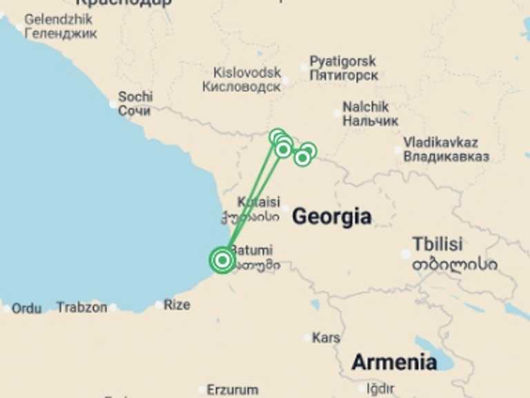 Map itinerary of Europe Tour in July 2026 with 7 destination visits for the trip: Hiking in the Georgian Caucasus