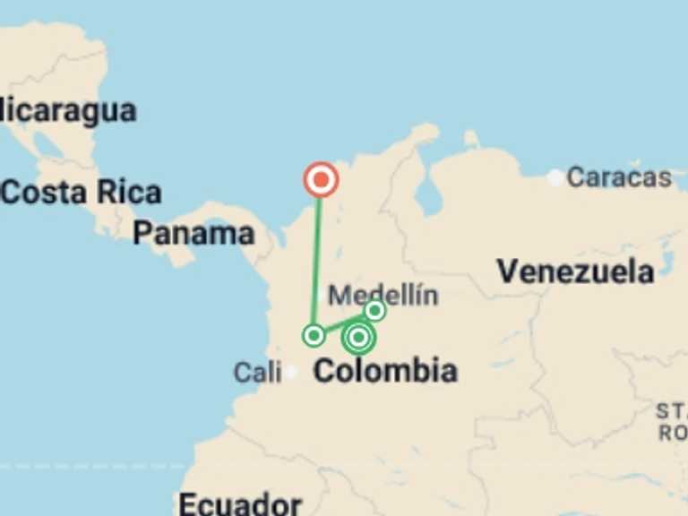 Map itinerary of South America Tour in February 2026 with 4 destination visits for the trip: Caffe Colombia - 8 days