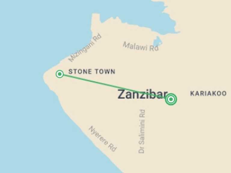 Map itinerary of Africa Tour in July 2026 with 2 destination visits for the trip: Zanzibar Independent Short Break