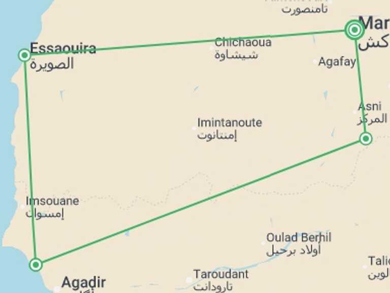 Map itinerary of Morocco Tour in August 2026 with 4 destination visits for the trip: Five Days in Morocco