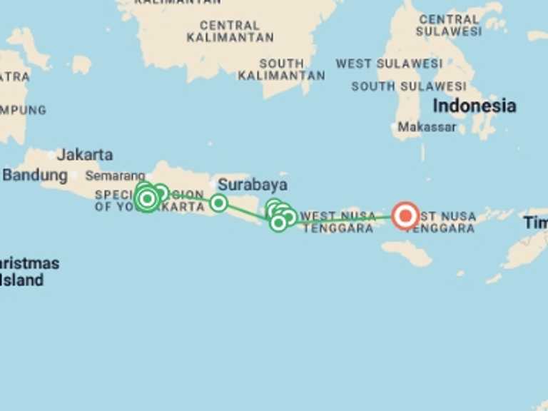 Map itinerary of Asia Tour in Spring with 12 destination visits for the trip: Indonesia: Java, Bali & Komodo Island