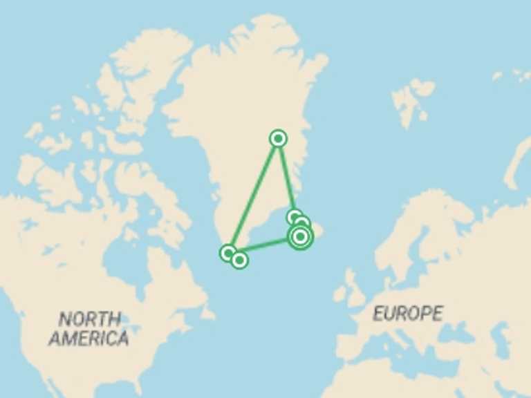 Map of Northern Europe Tour with 7 destination visits for the trip: Iceland to Greenland: Total Solar Eclipse in Depth (Ocean Explorer)