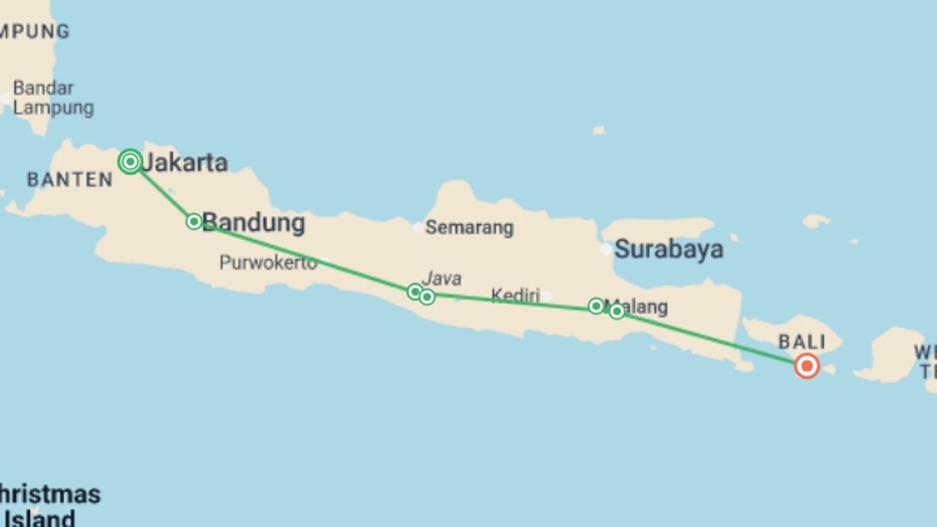 A map showing the tour itinerary for the trip: Best of Java, starting in Jakarta, Indonesia and ending in Sanur, Indonesia going through 5 other destinations.