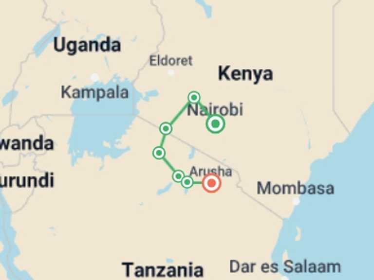 Map of 8-Day Nairobi Tour with 8 destination visits for the trip: 8 Days Kenya and Tanzania Classic Safari