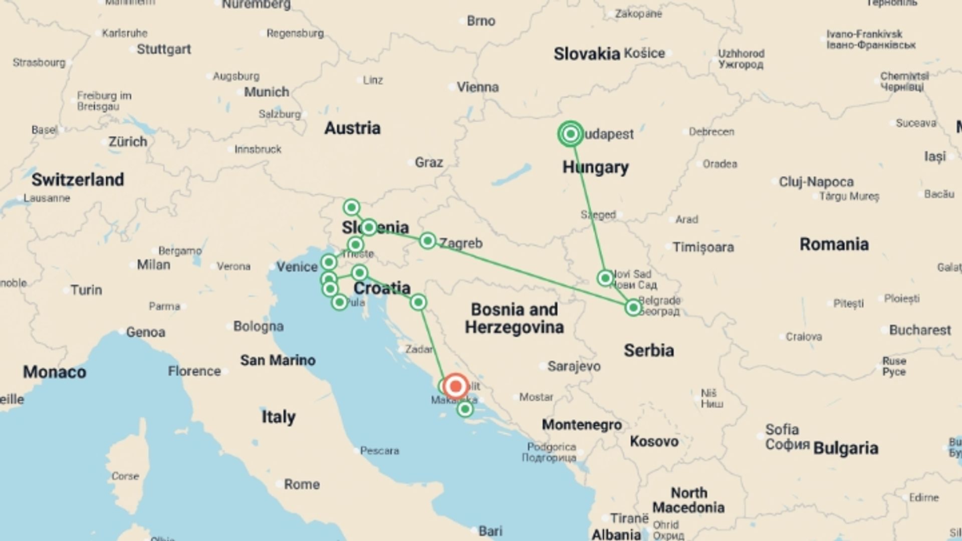 A map showing the tour itinerary for the trip: Budapest, Belgrade & Bled to Split (Superior) - 13 days, starting in Budapest, Hungary and ending in Split, Croatia going through 5 other destinations.