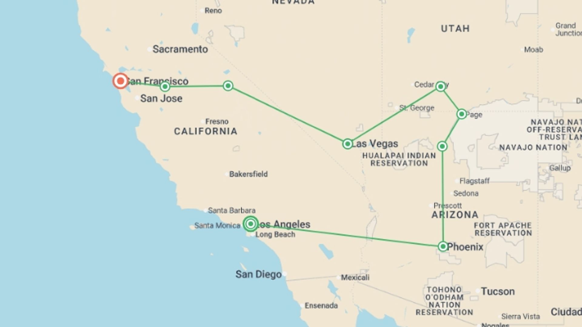 A map showing the tour itinerary for the trip: Splendours of the West, starting in Los Angeles, USA and ending in San Francisco, USA going through 8 other destinations.