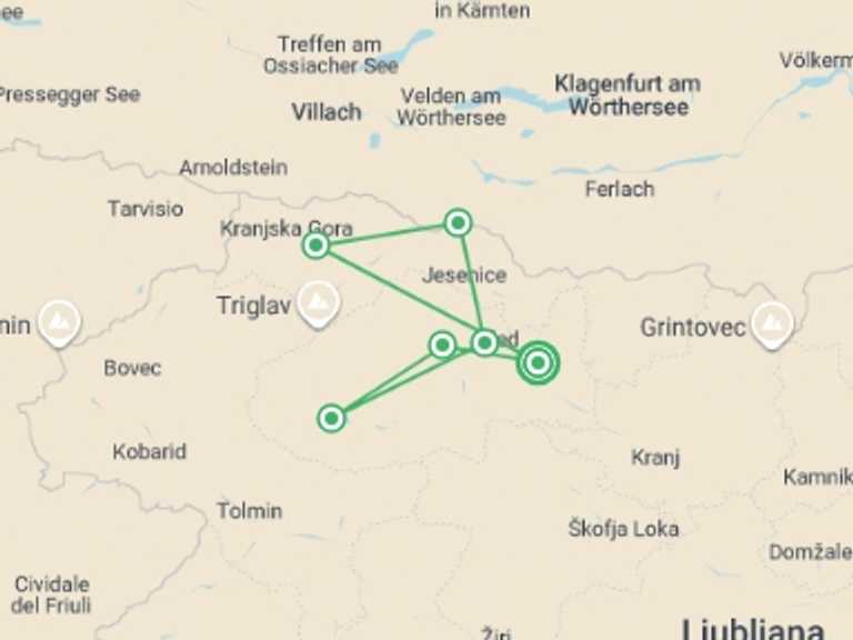 Map itinerary of Slovenia Tour in June 2026 with 6 destination visits for the trip: Walking the Slovenian Alps