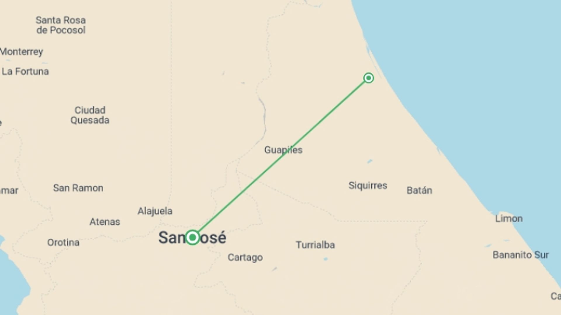 A map showing the tour itinerary for the trip: Tortuguero National Park Adventure 3D/2N, starting in San Jose, Costa Rica and ending in San Jose, Costa Rica going through 1 other destinations.