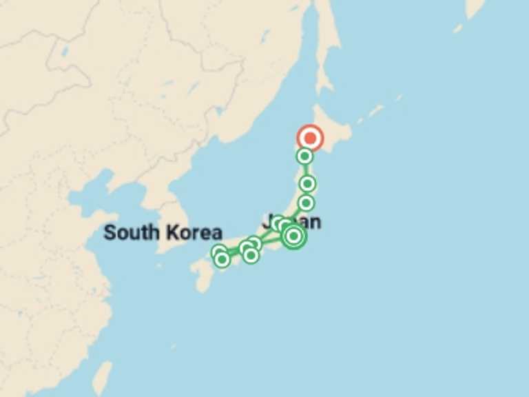Map itinerary of Japan Tour in May 2026 with 12 destination visits for the trip: Japanese Scenes end Sapporo