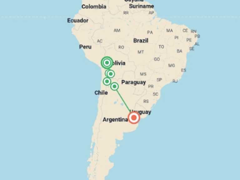 Map itinerary of Buenos Aires Tour in October 2027 with 6 destination visits for the trip: Real Bolivia & Argentina