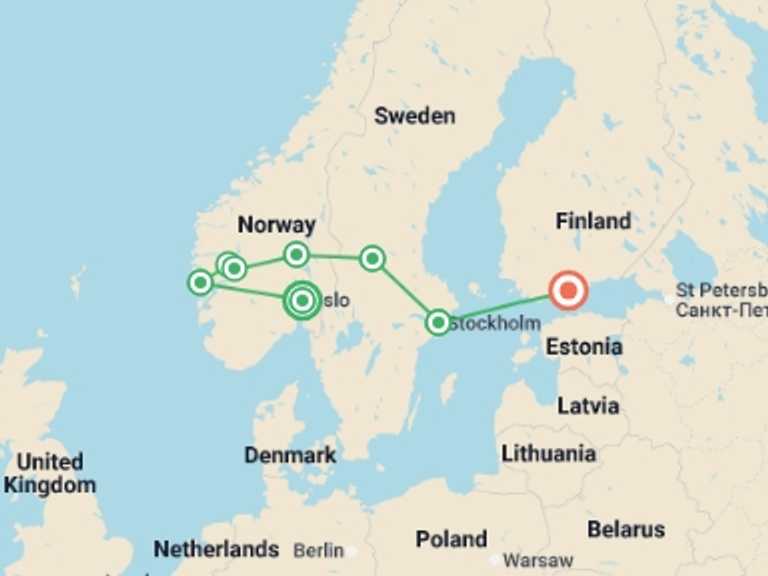 Map itinerary of Scandinavia Tour in May 2026 with 8 destination visits for the trip: Scandinavia Explorer
