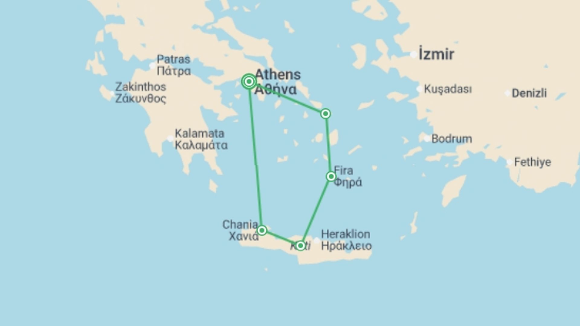 A map showing the tour itinerary for the trip: Acropolis to Aegean Islands 2026 3 star - 10 days, starting in Athens, Greece and ending in Athens, Greece going through 5 other destinations.