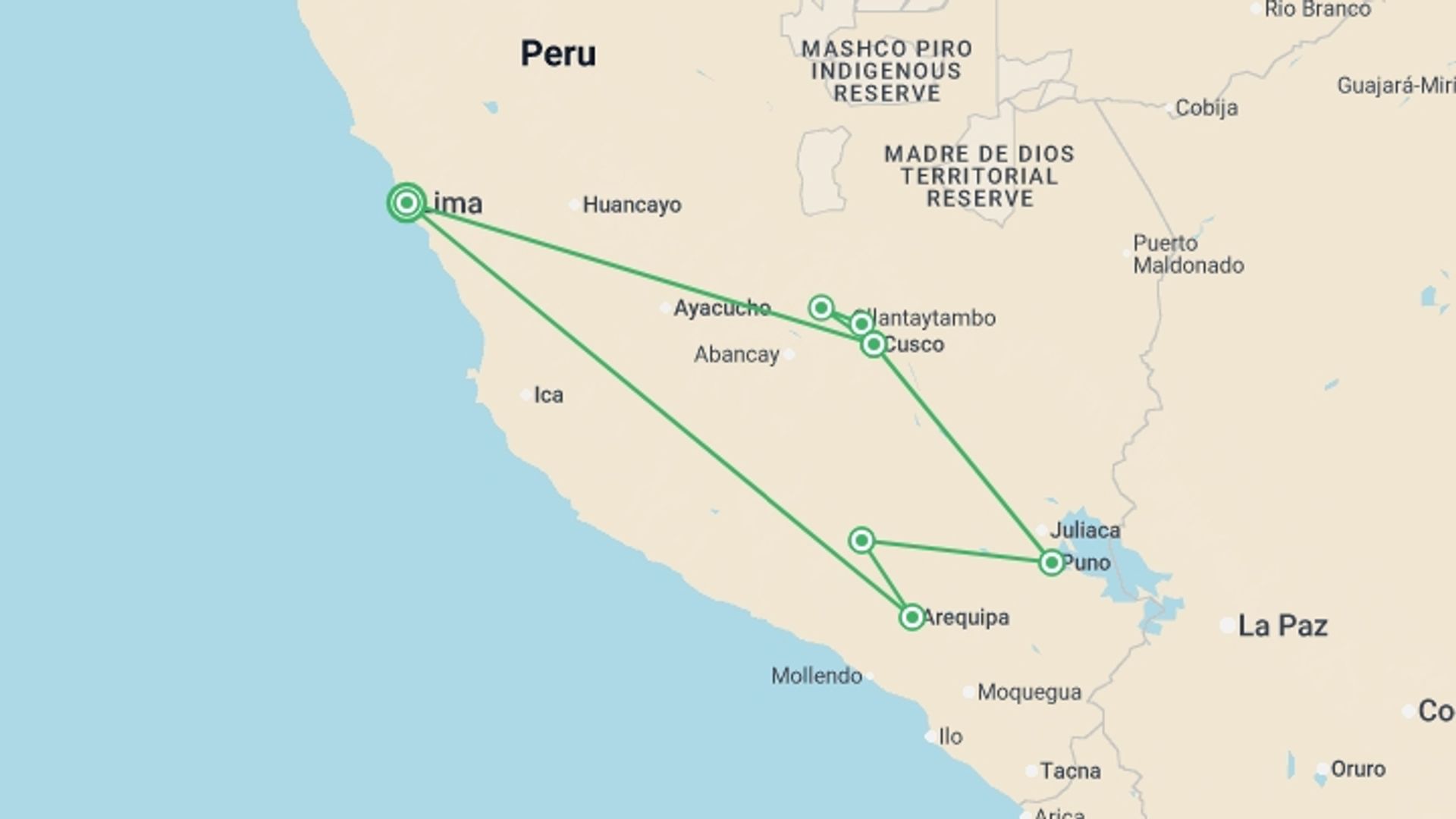 A map showing the tour itinerary for the trip: Classic Peru - 14 Days , starting in Lima, Peru and ending in Lima, Peru going through 6 other destinations.