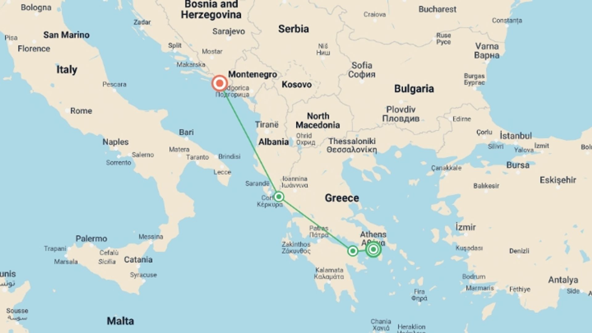 A map showing the tour itinerary for the trip: Mediterranean Escapade: A Cruise to Discover the Treasures of Greece and the Adriatic (port-to-port cruise), starting in Athens, Greece and ending in Dubrovnik, Croatia going through 2 other destinations.