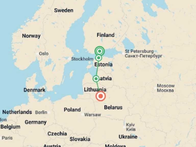 Map of Europe Tour with 4 destination visits for the trip: Highlights of Helsinki & the Baltics