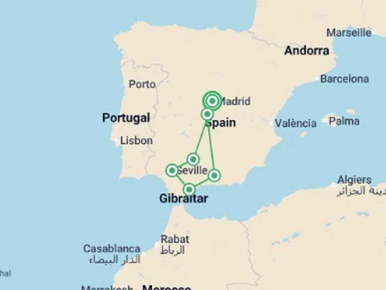 Map itinerary of Spain Tour in March 2027 with 5 destination visits for the trip: Cordoba, Seville & Costa del Sol (Superior) - 9 days