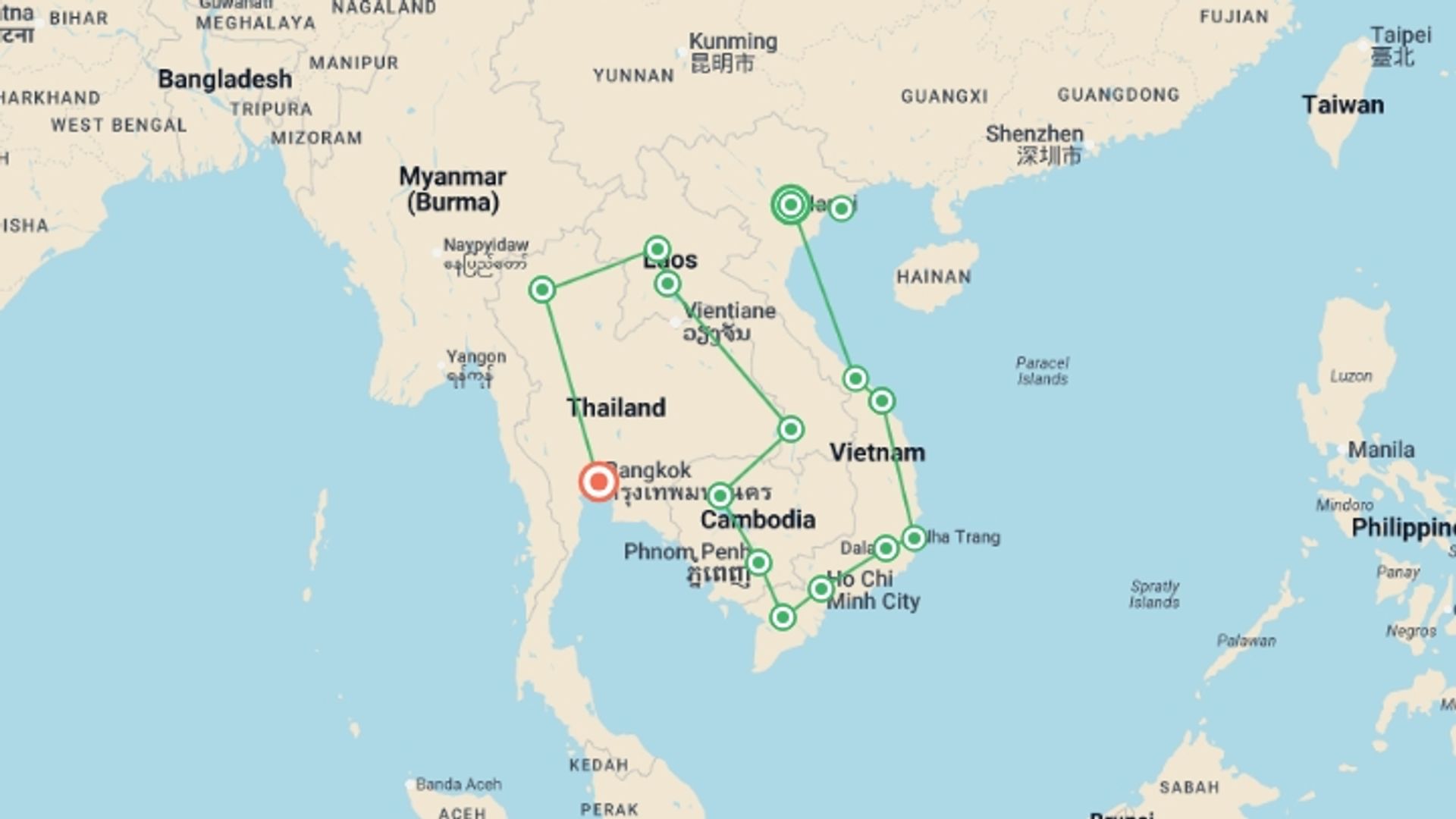 A map showing the tour itinerary for the trip: Hanoi to Bangkok (via Cambodia & Laos) Travel Pass, starting in Hanoi, Vietnam and ending in Bangkok, Thailand going through 13 other destinations.