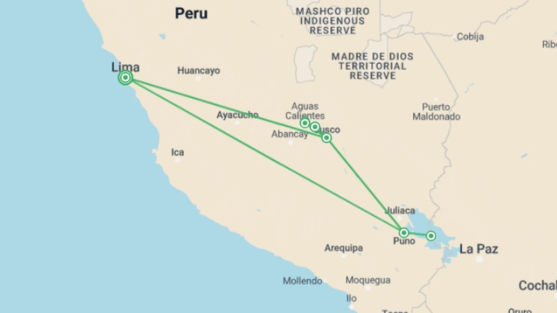 A map showing the tour itinerary for the trip: Peru Multisport, starting in Lima, Peru and ending in Lima, Peru going through 5 other destinations.