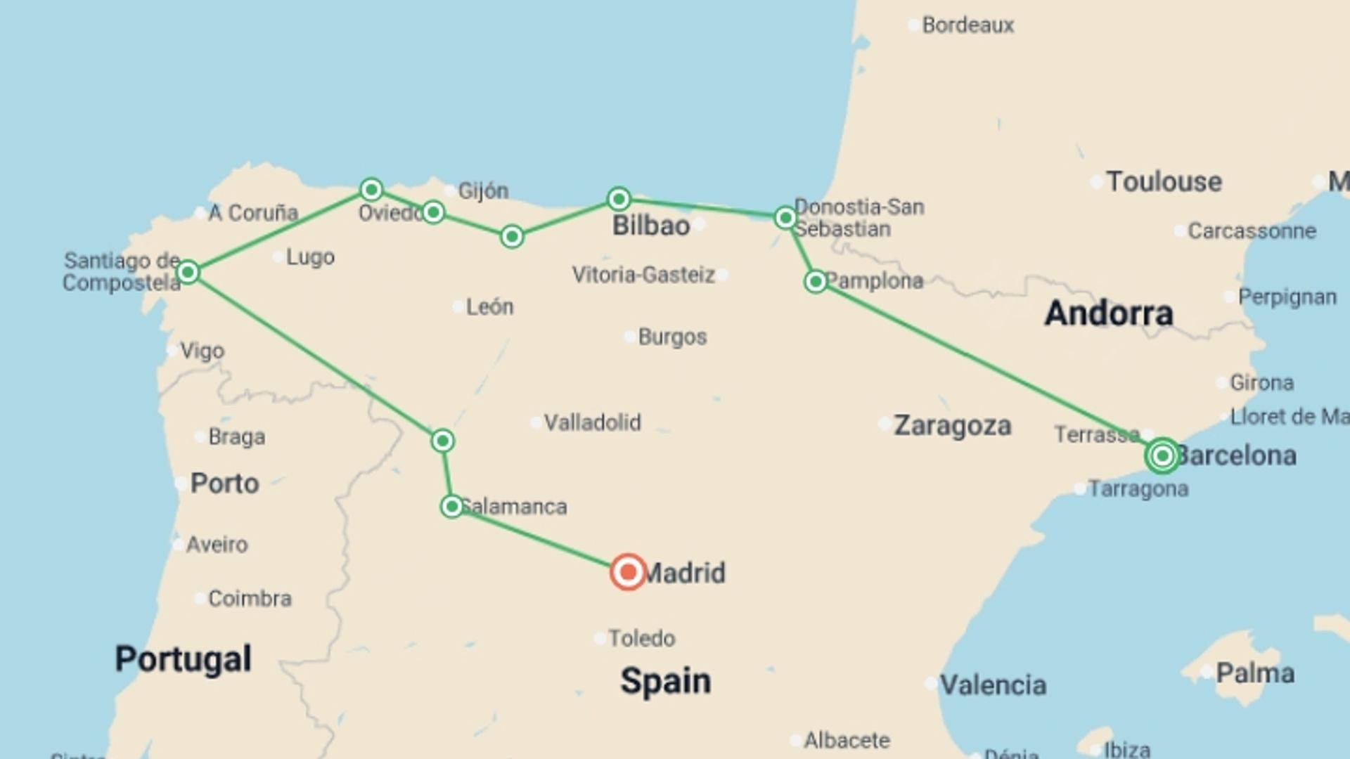 A map showing the tour itinerary for the trip: Northern Spain, starting in Barcelona, Spain and ending in Madrid, Spain going through 6 other destinations.