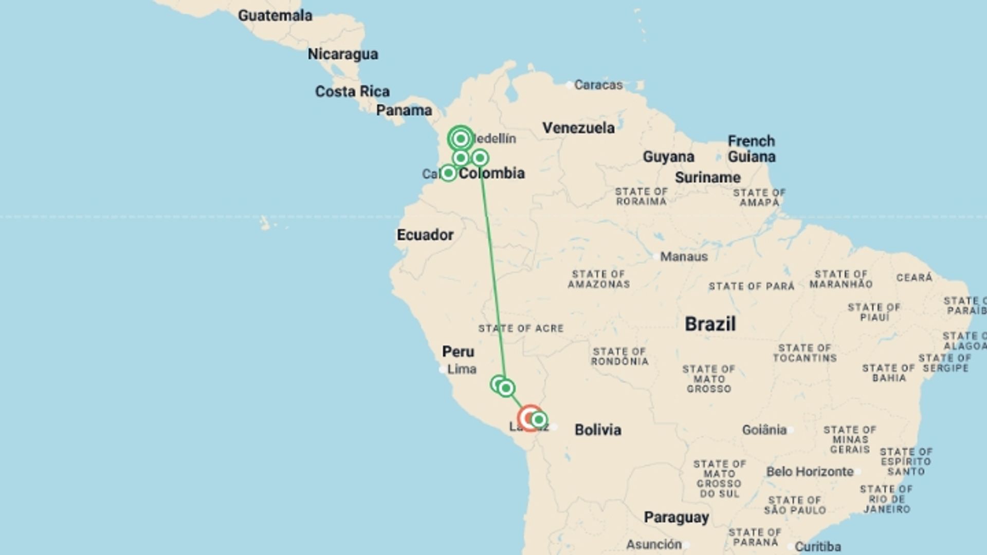 A map showing the tour itinerary for the trip: Essential Colombia & Peru - 15 days, starting in Medellin, Colombia and ending in Puno, Peru going through 6 other destinations.