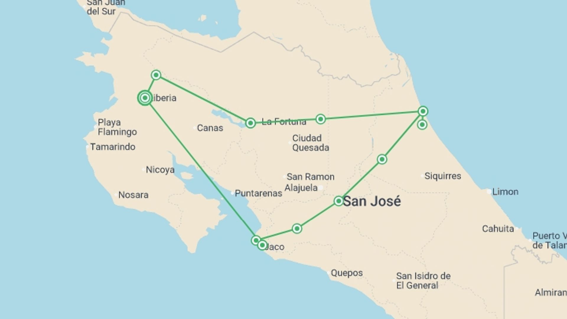 A map showing the tour itinerary for the trip: Ultimate Escape Costa Rica, Self-drive, starting in Liberia City, Costa Rica and ending in Liberia City, Costa Rica going through 8 other destinations.