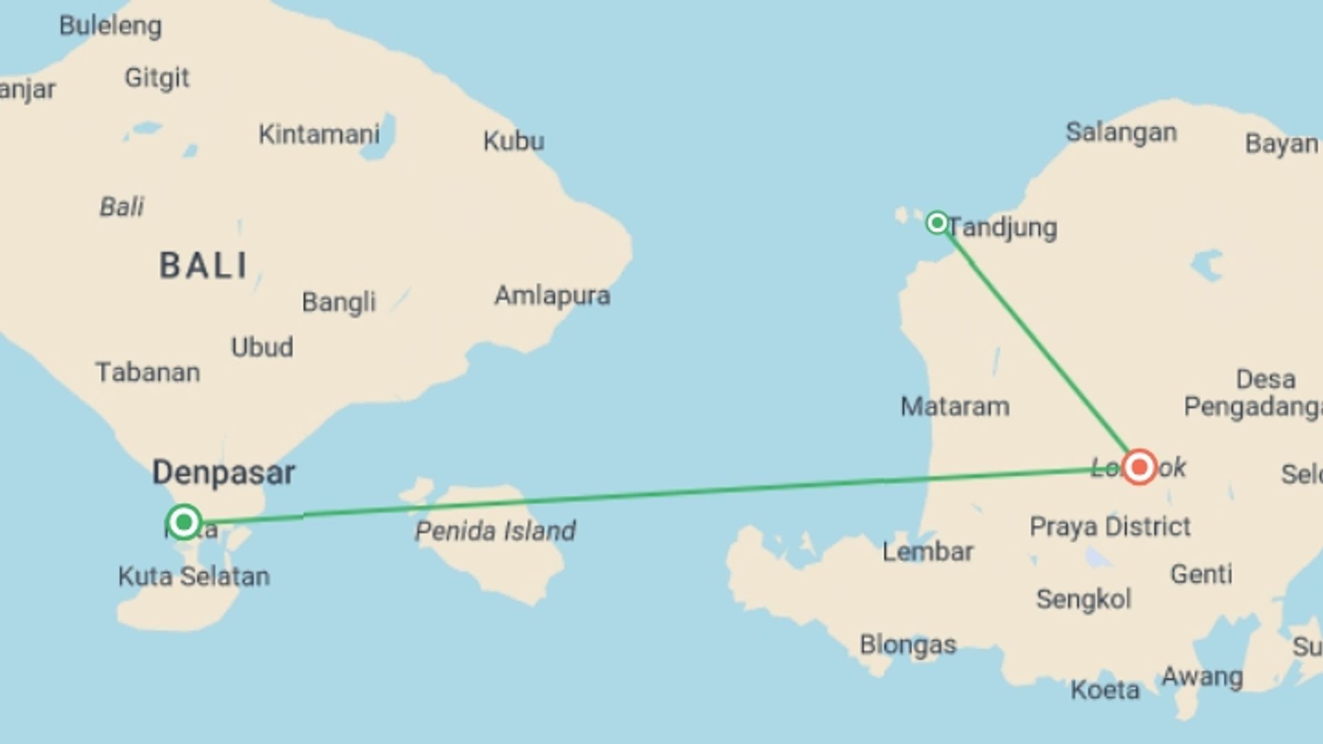 A map showing the tour itinerary for the trip: Secrets of Lombok - 5 days, starting in Kuta, Indonesia and ending in Kuta, Indonesia going through 2 other destinations.
