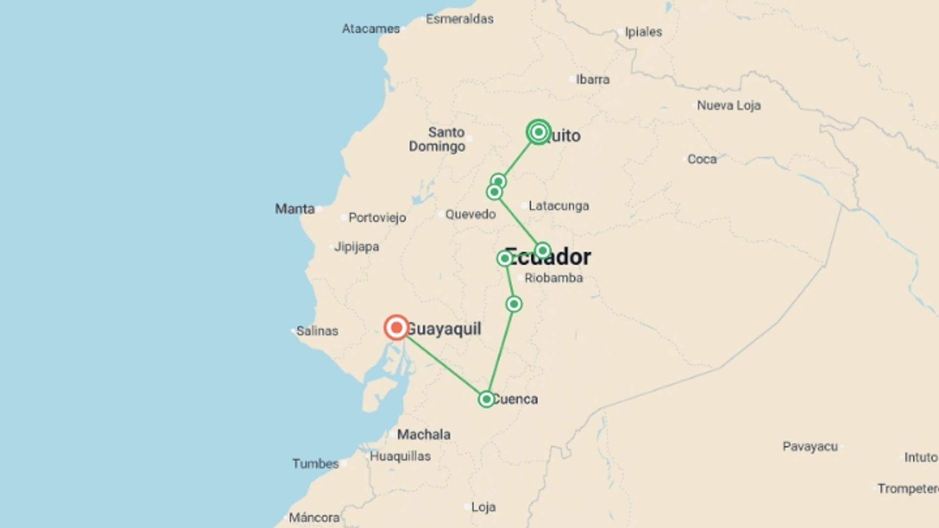 A map showing the tour itinerary for the trip: All Landscapes of Ecuador 12D/11N, starting in Quito, Ecuador and ending in Guayaquil, Ecuador going through 6 other destinations.
