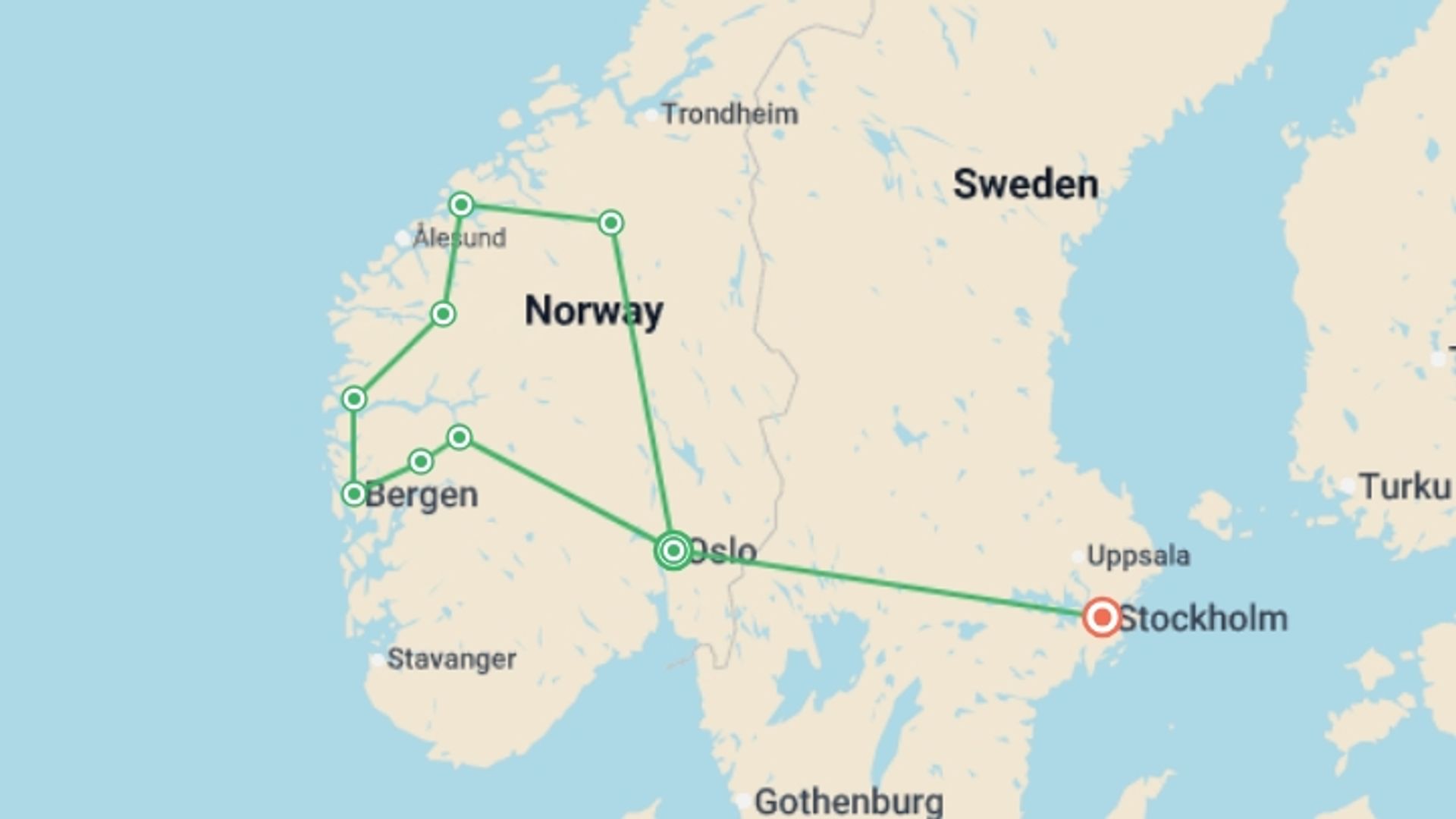 A map showing the tour itinerary for the trip: Fjords, Charms, Traditions & Stockholm - 10 days, starting in Oslo, Norway and ending in Stockholm, Sweden going through 5 other destinations.