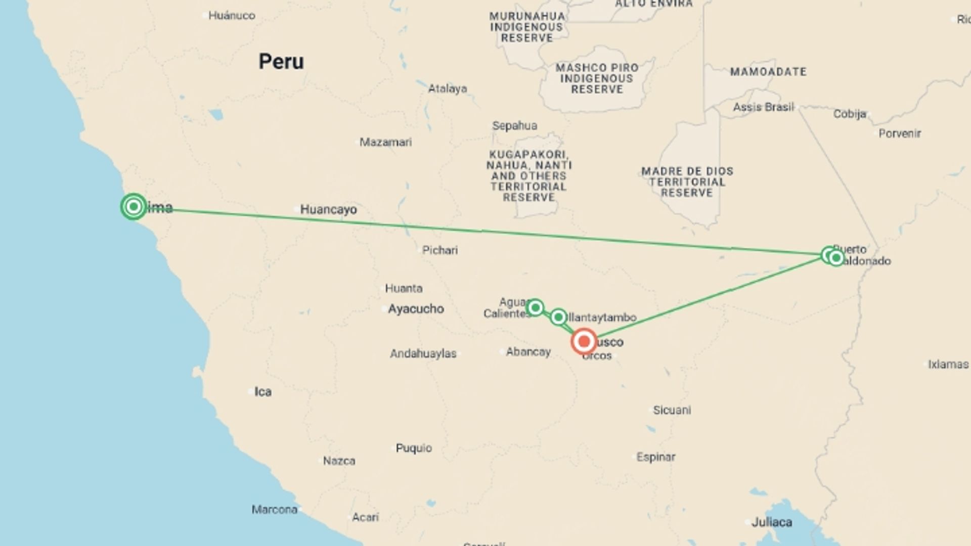 A map showing the tour itinerary for the trip: Premium Peru, starting in Lima, Peru and ending in Cusco, Peru going through 3 other destinations.