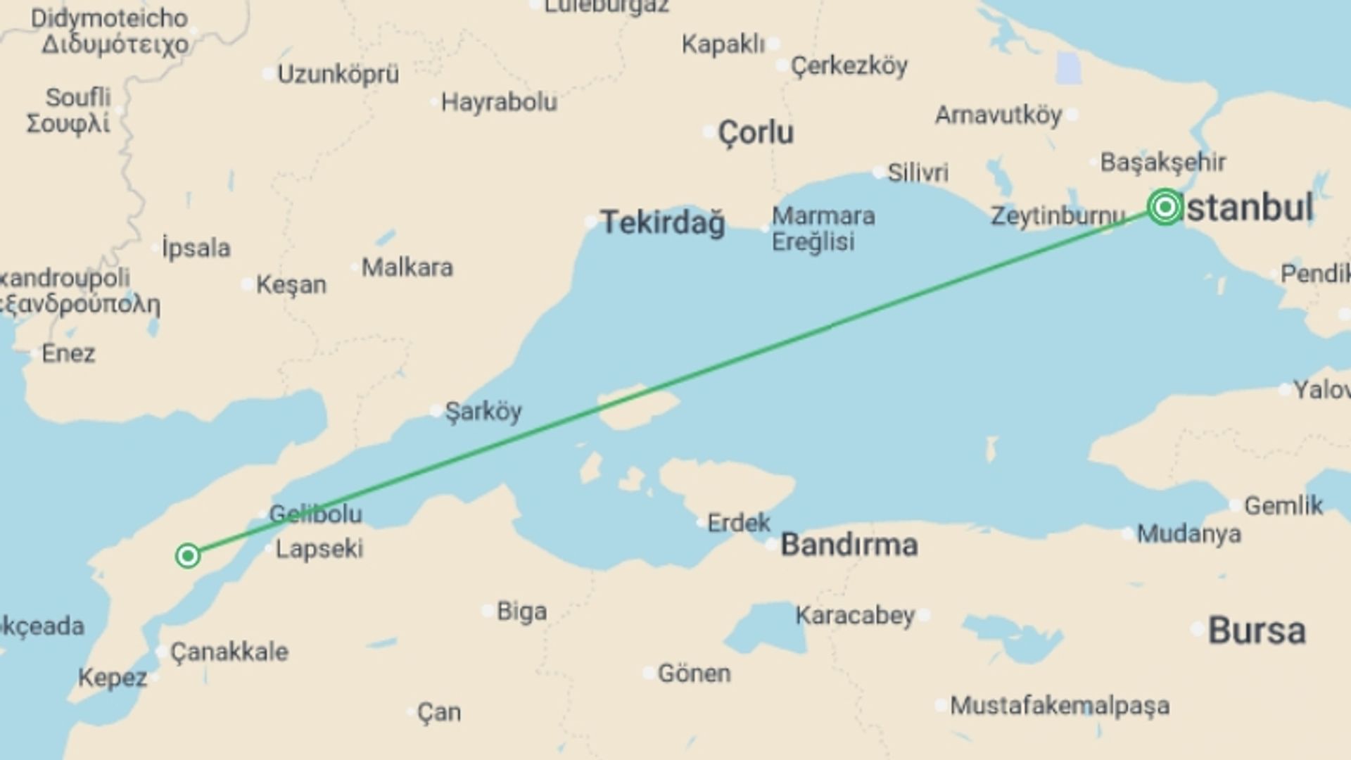 A map showing the tour itinerary for the trip: ANZAC Day - Digger Tour, starting in Istanbul, Turkey and ending in Istanbul, Turkey going through 1 other destinations.