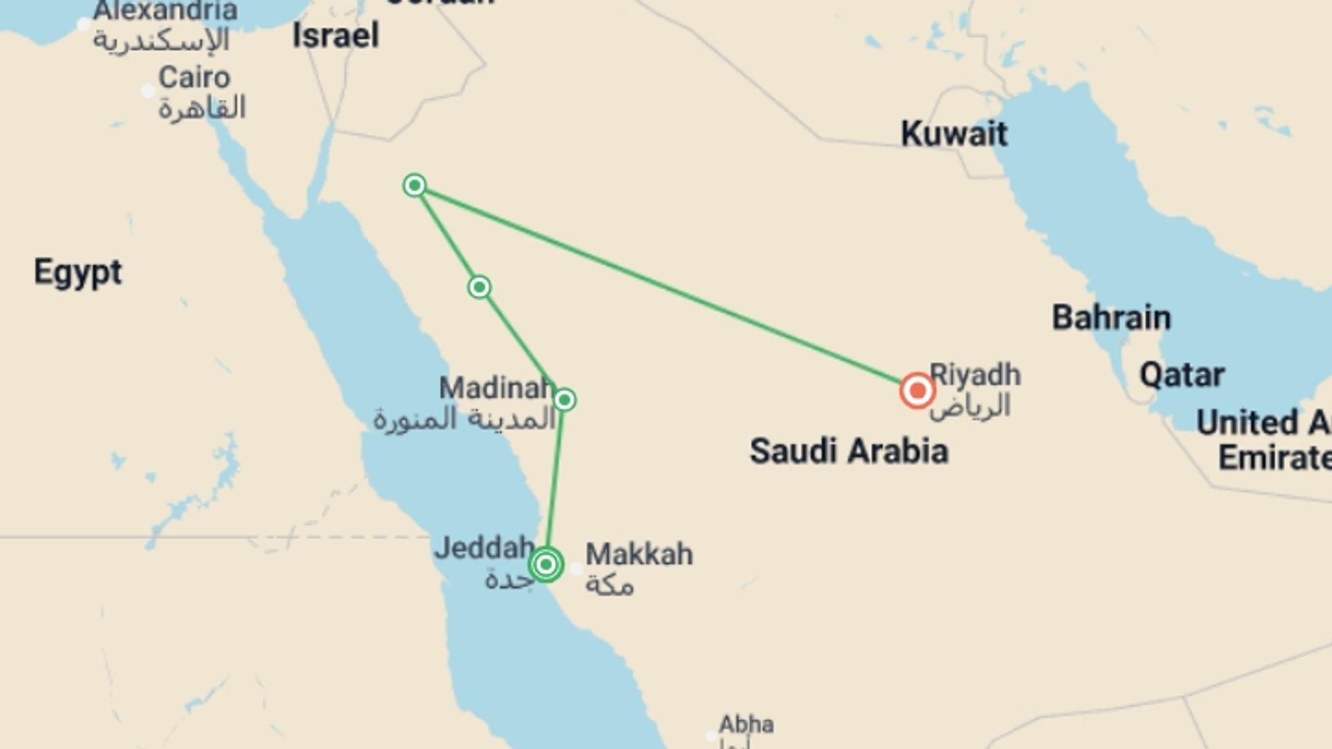 A map showing the tour itinerary for the trip: Unforgettable Saudi Arabia end Riad, starting in Jeddah, Saudi Arabia and ending in Riyadh, Saudi Arabia going through 3 other destinations.
