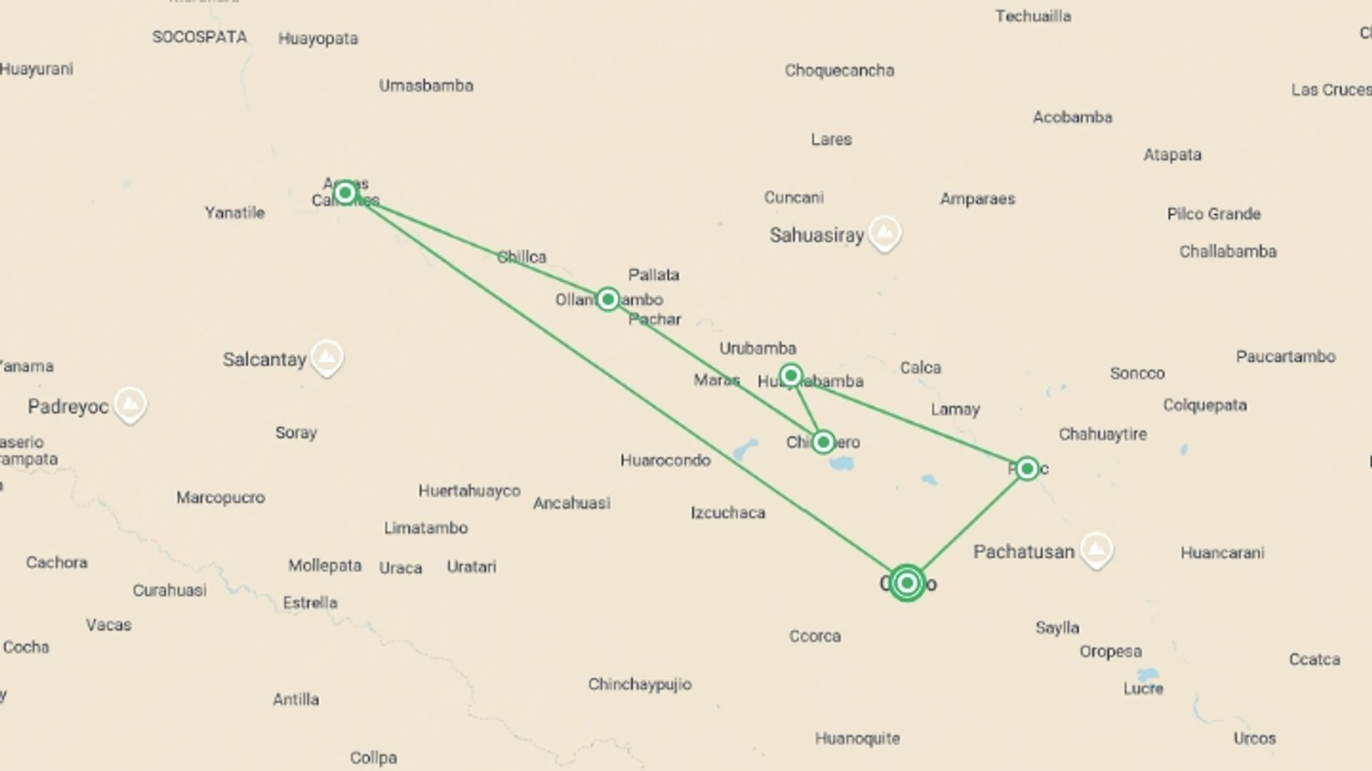 A map showing the tour itinerary for the trip: The Heart Of The Empire, starting in Cusco, Peru and ending in Cusco, Peru going through 3 other destinations.
