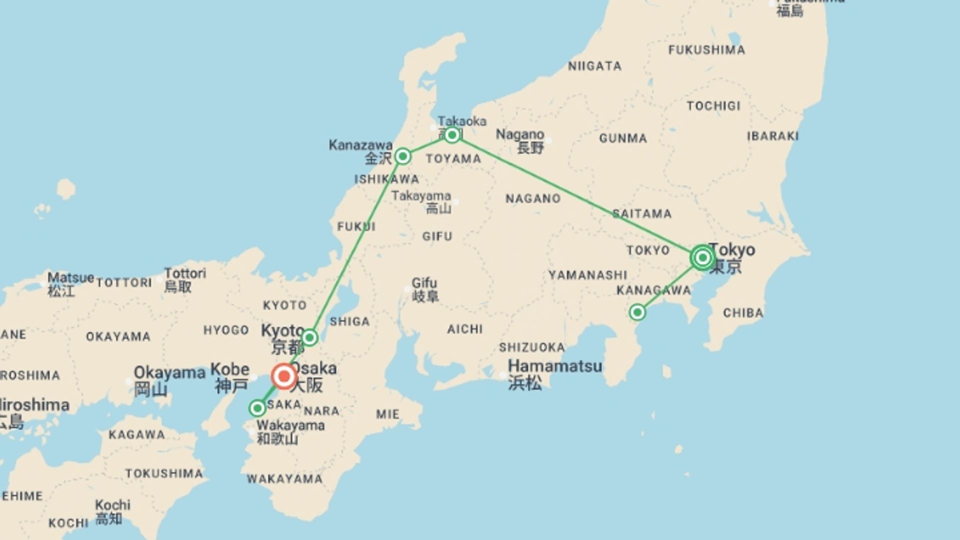 A map showing the tour itinerary for the trip: Explore Japanese Alps: Encounter Snow Monkeys in Japan, starting in Tokyo, Japan and ending in Osaka, Japan going through 5 other destinations.