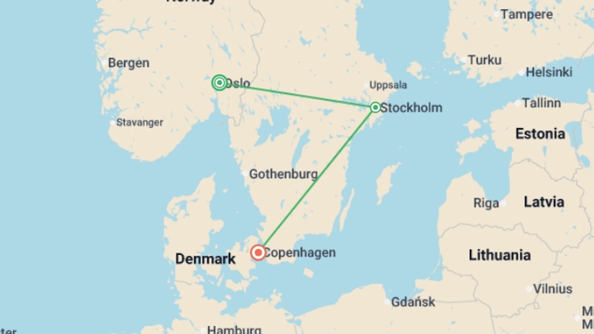 A map showing the tour itinerary for the trip: Pearls of Northern Europe End Copenhagen, starting in Oslo, Norway and ending in Copenhagen, Denmark going through 1 other destinations.