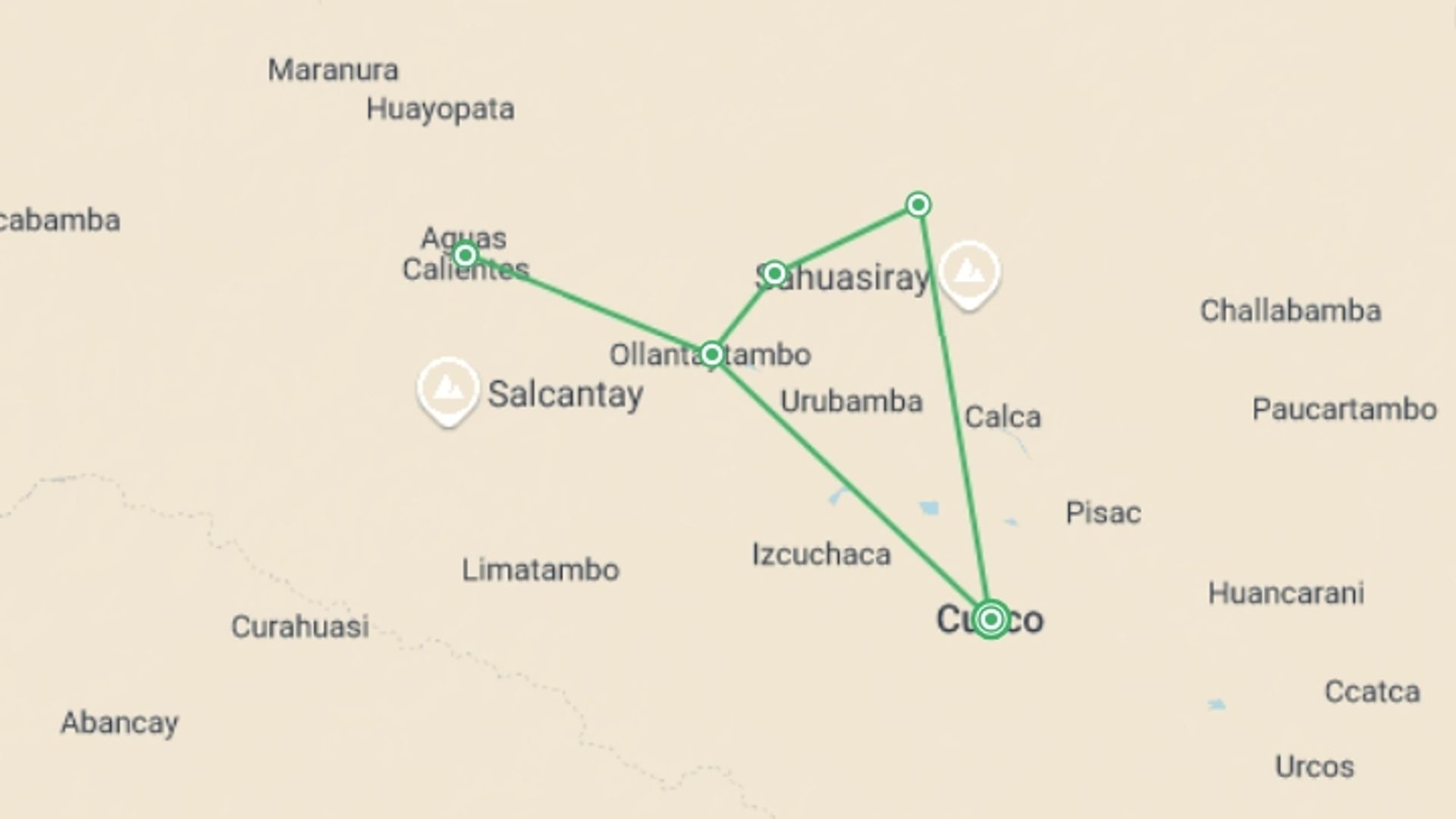 A map showing the tour itinerary for the trip: Lares Trek to Machu Picchu 4D/3N, starting in Cusco, Peru and ending in Cusco, Peru going through 4 other destinations.