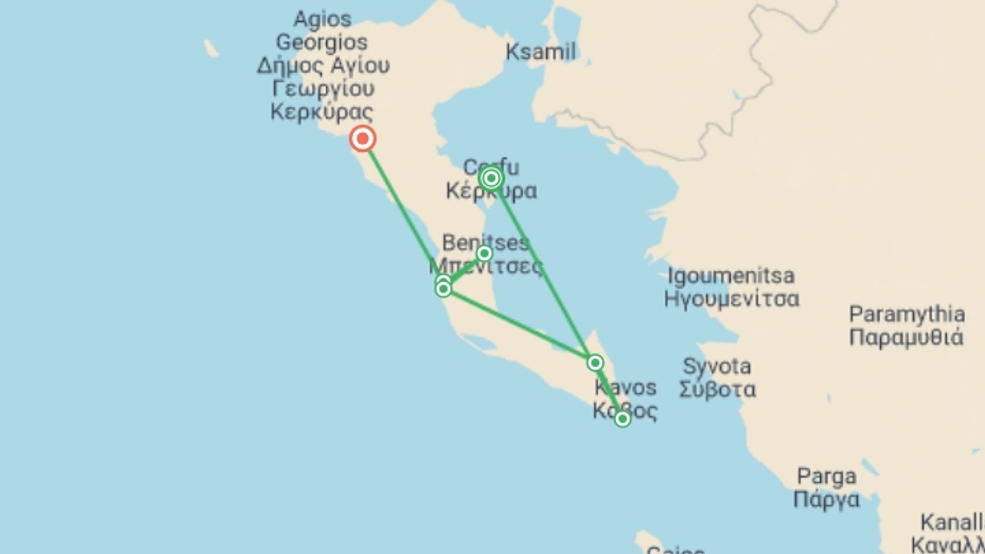A map showing the tour itinerary for the trip: Walking the Corfu Trail (South), starting in Corfu, Greece and ending in Liapades, Greece going through 5 other destinations.